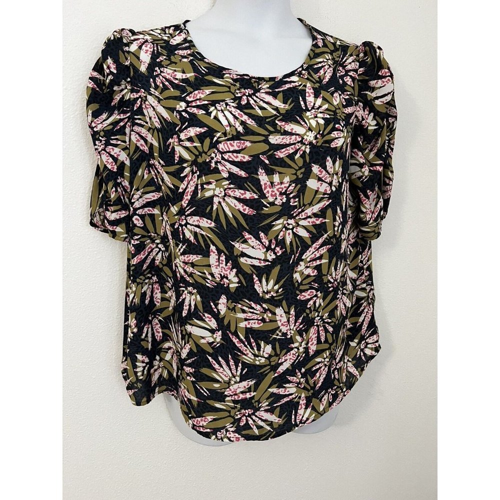 Zac Rachel Blouse Women’s XL Floral Tropical   Short Sleeve Ruching Career Work